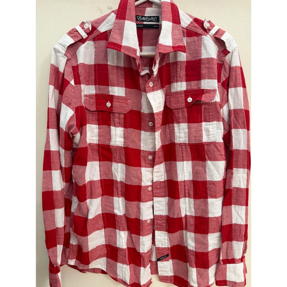 Ecko Unltd Mens Red White Buffalo Plaid Button Down Shirt Epaulettes Large